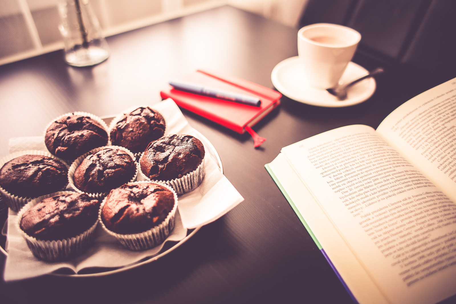 เหยือก, อาหารเช้า, หนังสือ, เค้ก, ถ้วย, คัพเค้ก
