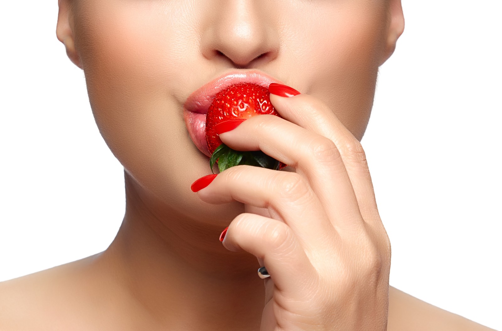 背景, 面对, 手, 女孩, 嘴唇, 草莓