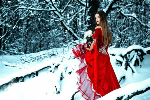 花束, コールドレッド, ドレス, 森林, 女の子, 赤で, バラ, 雪