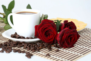 起司, 咖啡, 杯子, 粮食, 盘子, 红色, 玫瑰花, 碟子