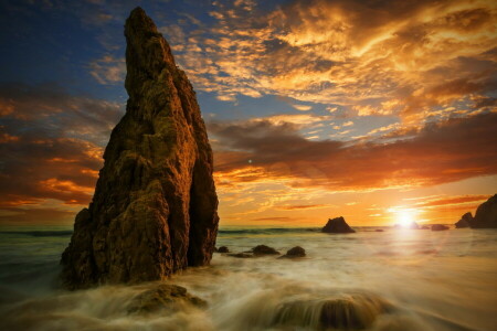 ビーチ, 岩, 海, 日没