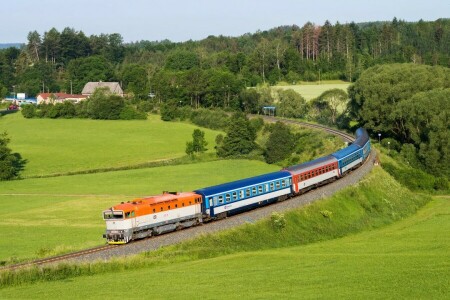 車, チェコ共和国, フィールド, 森林, 鉄道, 鉄道, 列車