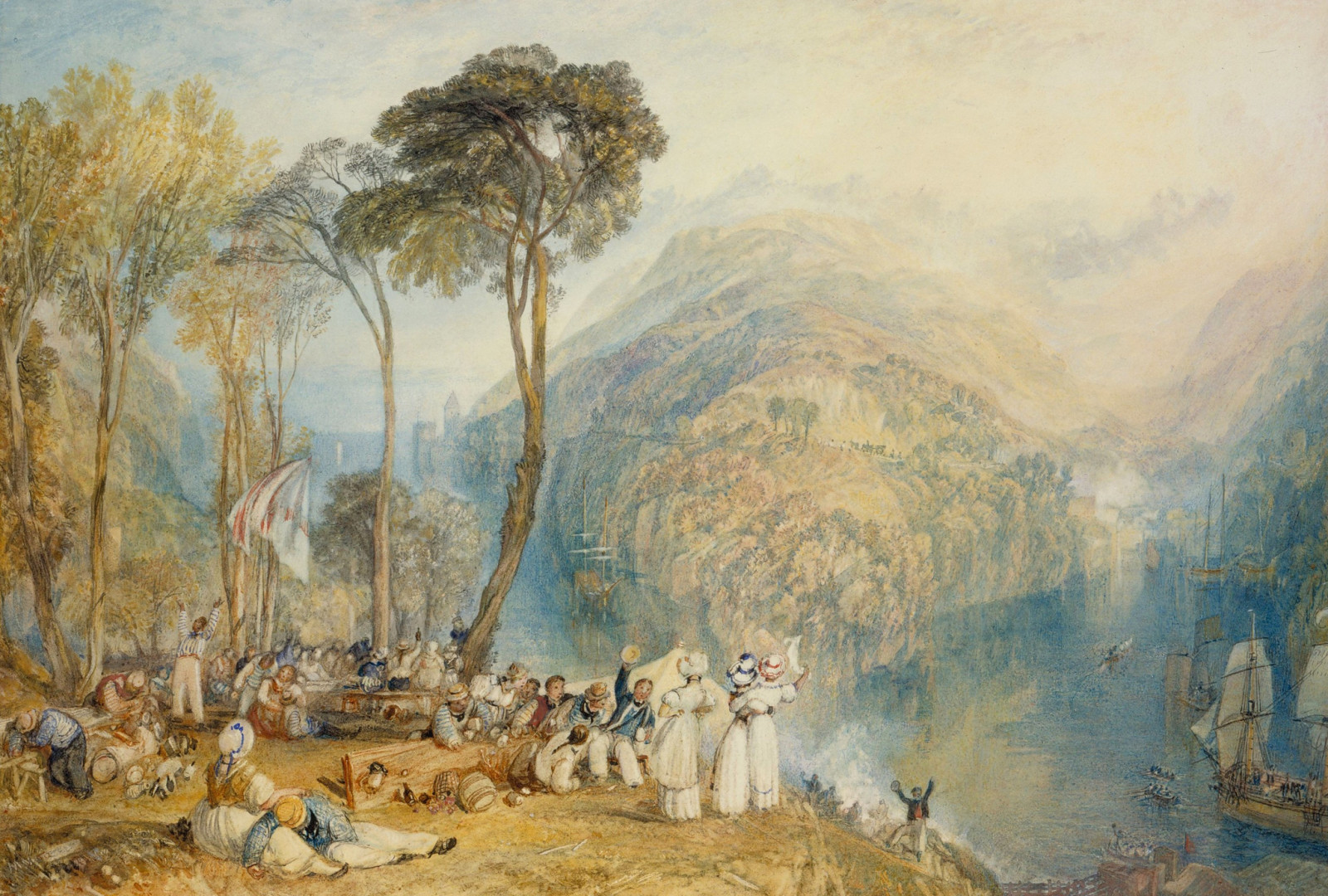 pemandangan, gambar, kapal, orang-orang, bukit, William Turner, Bay Dartmouth