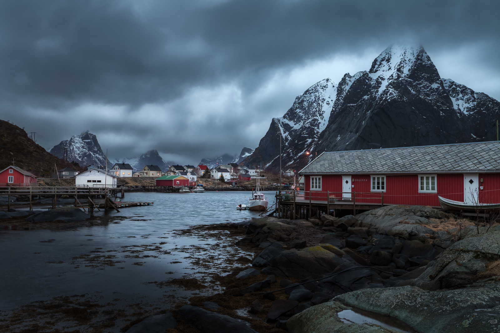 雪, 乌云, 山脉, 挪威, 家, 船, 风暴, 村