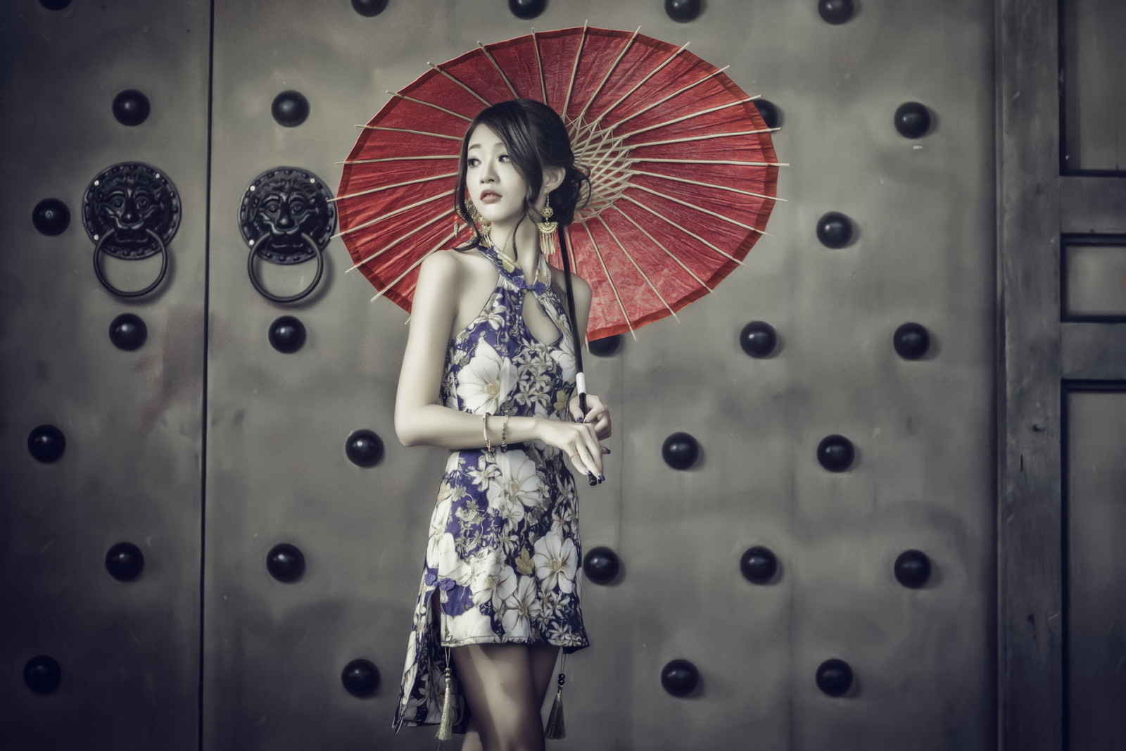 소녀, 우산, 아시아 사람