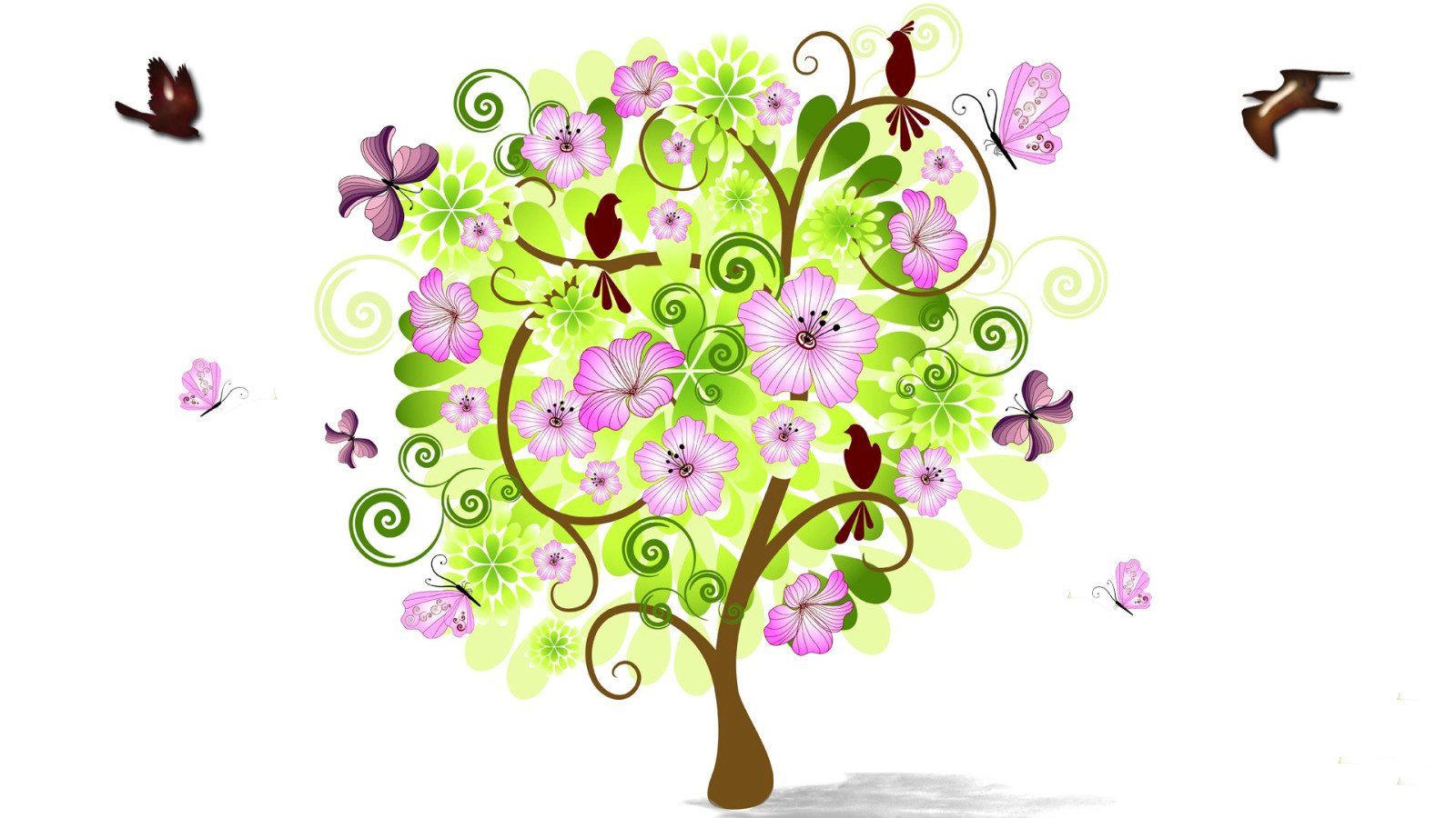 나무, 꽃들, 봄, 조류, 콜라주
