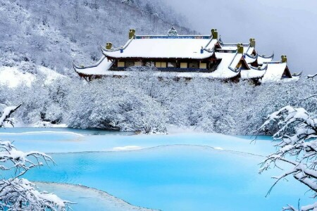 Cina, Huanglong, danau, gunung, Sichuan, salju, Kuil, musim dingin