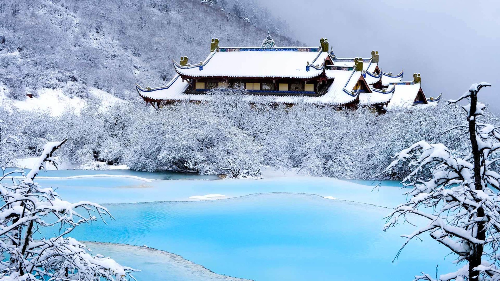 หิมะ, ทะเลสาป, ฤดูหนาว, ภูเขา, วัด, ประเทศจีน, มณฑลเสฉวน, Huanglong