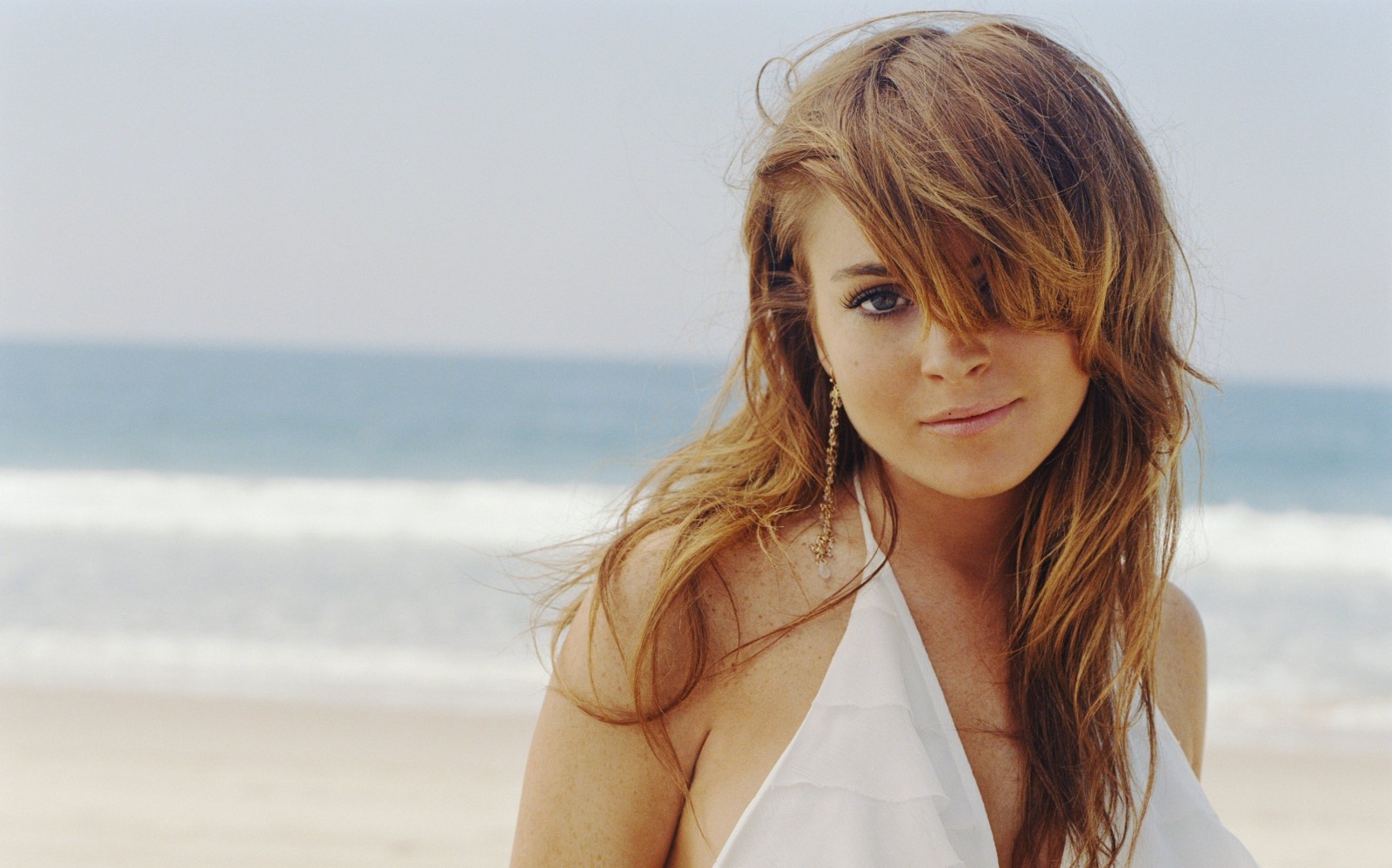 海滩, 演员, 白色礼服, 女人, 林赛·罗韩（Lindsay Lohan）