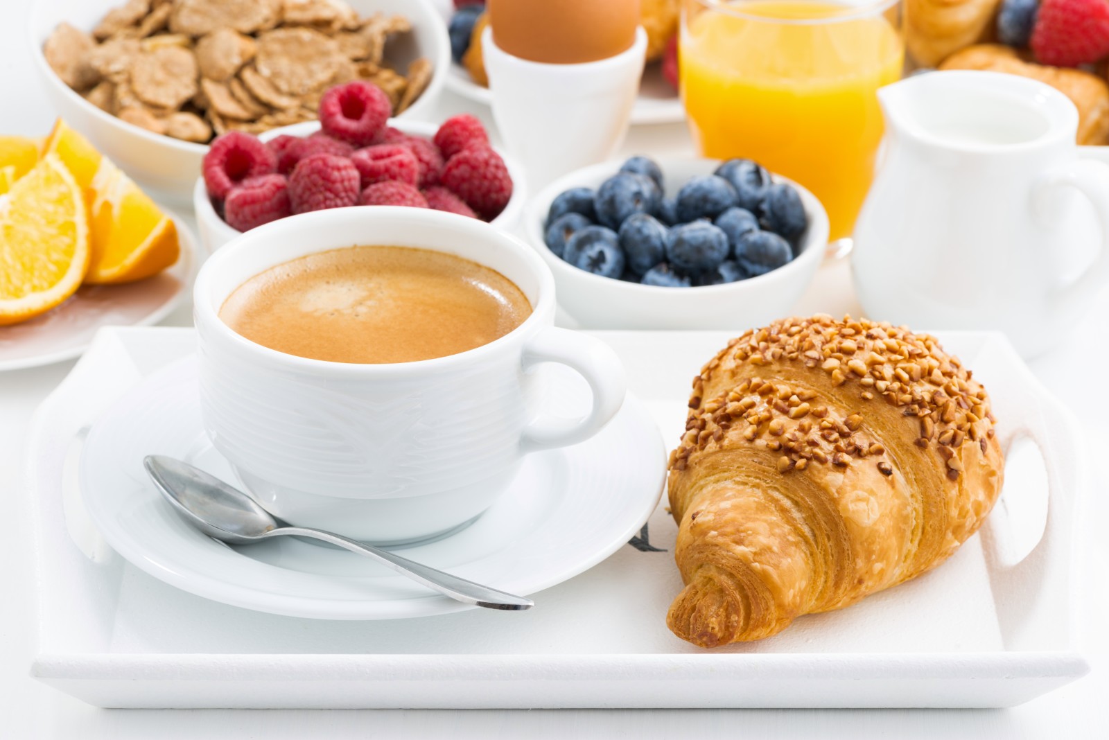 bữa ăn sáng, quả mọng, cà phê, bánh sừng bò, muesli, quả mọng tươi